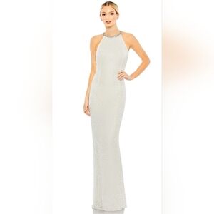 Mac Duggal Silver Halter Gown